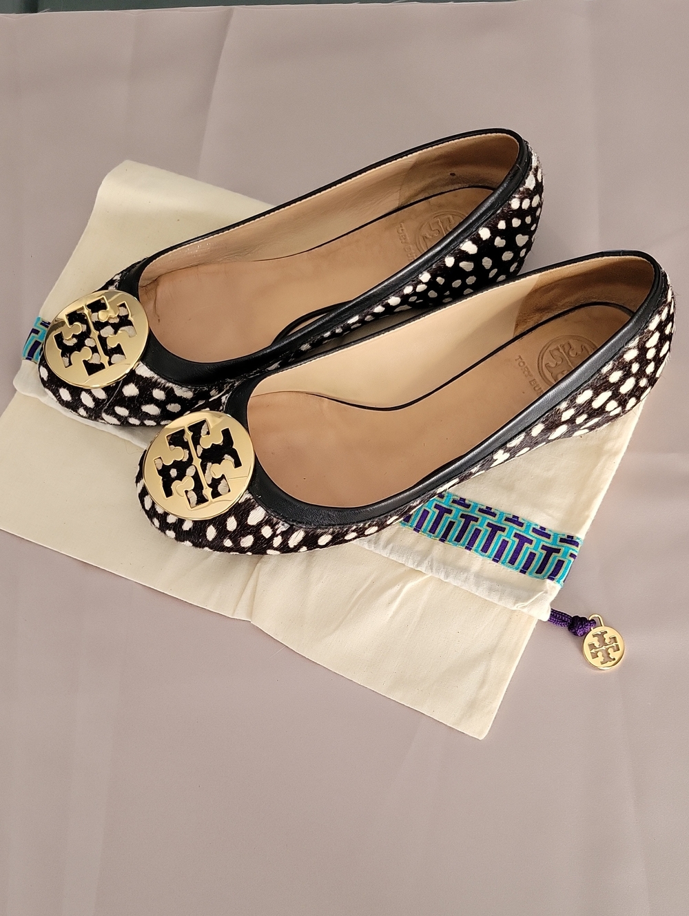 Tory Burch Black and White Animal Print Reva Flats with Gold Logo